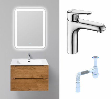 Комплект: Мебель для ванной BelBagno Etna 70 rovere nature + Смеситель Lemark Point LM0306C хром + Сифон АниПласт