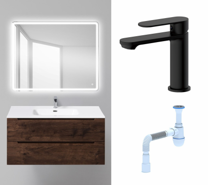 Комплект: Мебель для ванной BelBagno Etna 100 rovere moro + Смеситель Haiba HB10590-7 черный + Сифон АниПласт