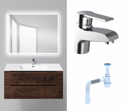 Комплект: Мебель для ванной BelBagno Etna 100 rovere moro + Смеситель Agger Right A2902100 хром  + Сифон АниПласт