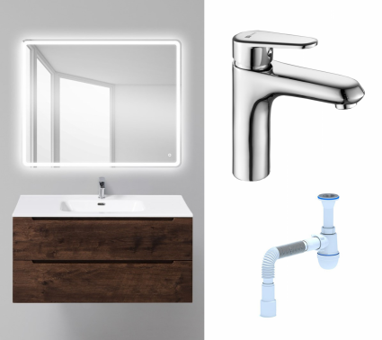 Комплект: Мебель для ванной BelBagno Etna 100 rovere moro + Смеситель Lemark Point LM0306C хром + Сифон АниПласт