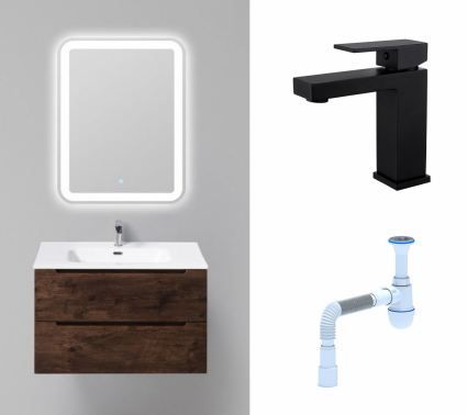 Комплект: Мебель для ванной BelBagno Etna 80 rovere moro + Смеситель Haiba HB10803-7 черный + Сифон АниПласт