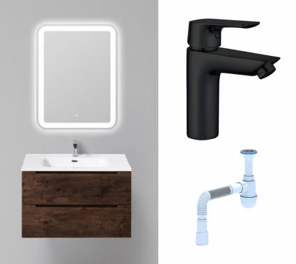 Комплект: Мебель для ванной BelBagno Etna 80 rovere moro + Смеситель Aquanet Static AF330-10B черный + Сифон АниПласт