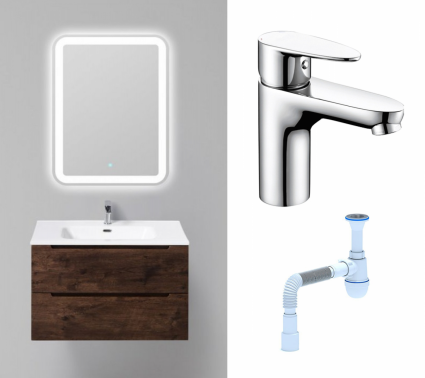 Комплект: Мебель для ванной BelBagno Etna 80 rovere moro + Смеситель Wasserkraft Leine 3503 хром + Сифон АниПласт