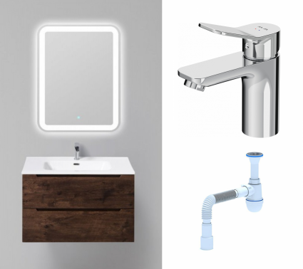 Комплект: Мебель для ванной BelBagno Etna 80 rovere moro + Смеситель Am.Pm X-Joy F85A02100 хром + Сифон АниПласт