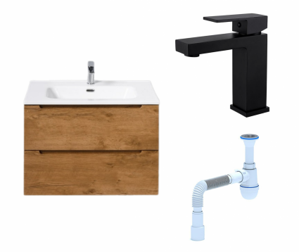 Комплект: Тумба с раковиной BelBagno Etna 70 rovere nature + Смеситель Haiba HB10803-7 черный + Сифон АниПласт