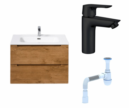 Комплект: Тумба с раковиной BelBagno Etna 70 rovere nature + Смеситель Aquanet Static AF330-10B черный + Сифон АниПласт