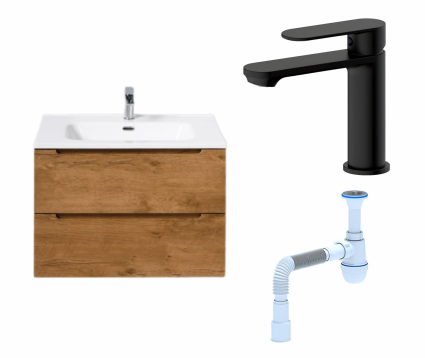 Комплект: Тумба с раковиной BelBagno Etna 70 rovere nature + Смеситель Haiba HB10590-7 черный + Сифон АниПласт