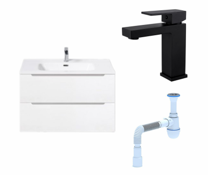 Комплект: Тумба с раковиной BelBagno Etna 80 bianco lucido + Смеситель Haiba HB10803-7 черный + Сифон АниПласт