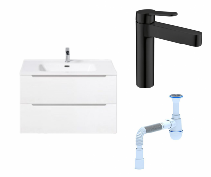 Комплект: Тумба с раковиной BelBagno Etna 80 bianco lucido + Смеситель BelBagno Delta DEL-LVM-NERO черный + Сифон АниПласт