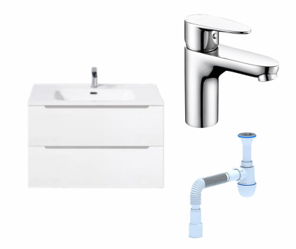 Комплект: Тумба с раковиной BelBagno Etna 80 bianco lucido + Смеситель Wasserkraft Leine 3503 хром + Сифон АниПласт