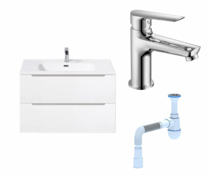 Комплект: Тумба с раковиной BelBagno Etna 80 bianco lucido + Смеситель Haiba HB10198 хром + Сифон АниПласт