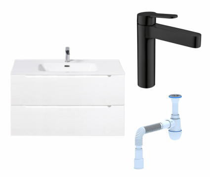 Комплект: Тумба с раковиной BelBagno Etna 90 bianco lucido + Смеситель BelBagno Delta DEL-LVM-NERO черный + Сифон АниПласт