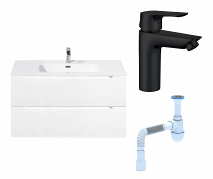 Комплект: Тумба с раковиной BelBagno Etna 90 bianco lucido + Смеситель Aquanet Static AF330-10B черный + Сифон АниПласт