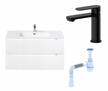 Комплект: Тумба с раковиной BelBagno Etna 90 bianco lucido + Смеситель Haiba HB10590-7 черный + Сифон АниПласт