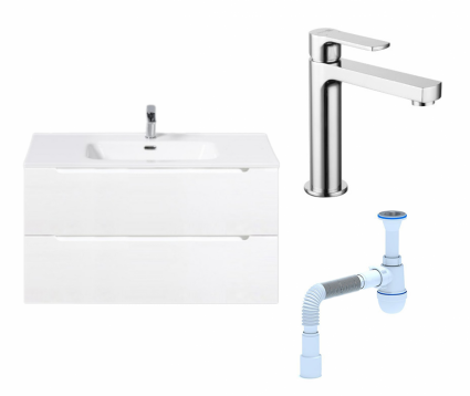 Комплект: Тумба с раковиной BelBagno Etna 90 bianco lucido + Смеситель Lemark plus Grace LM1537C хром + Сифон АниПласт