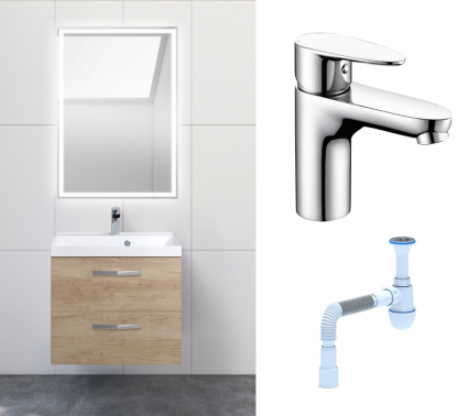 Комплект: Мебель для ванной BelBagno Aurora 60 rovere nebrasca nature + Смеситель Wasserkraft Leine 3503 хром + Сифон АниПласт