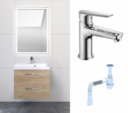Комплект: Мебель для ванной BelBagno Aurora 60 rovere nebrasca nature + Смеситель Haiba HB10198 хром + Сифон АниПласт