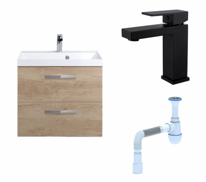 Комплект: Тумба с раковиной BelBagno Aurora 60 rovere nebrasca nature + Смеситель Haiba HB10803-7 черный + Сифон АниПласт