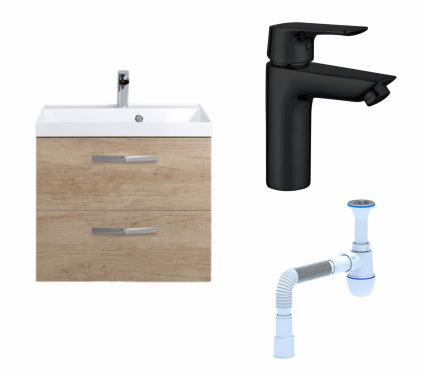 Комплект: Тумба с раковиной BelBagno Aurora 60 rovere nebrasca nature + Смеситель Aquanet Static AF330-10B черный + Сифон АниПласт
