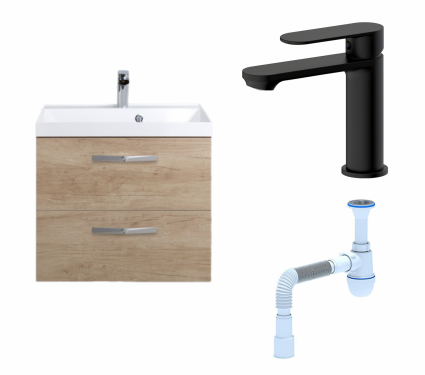 Комплект: Тумба с раковиной BelBagno Aurora 60 rovere nebrasca nature + Смеситель Haiba HB10590-7 черный + Сифон АниПласт