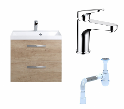 Комплект: Тумба с раковиной BelBagno Aurora 60 rovere nebrasca nature + Смеситель Bravat Eler F1191238CP-RUS хром + Сифон АниПласт