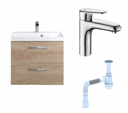 Комплект: Тумба с раковиной BelBagno Aurora 60 rovere nebrasca nature + Смеситель Lemark Point LM0306C хром + Сифон АниПласт