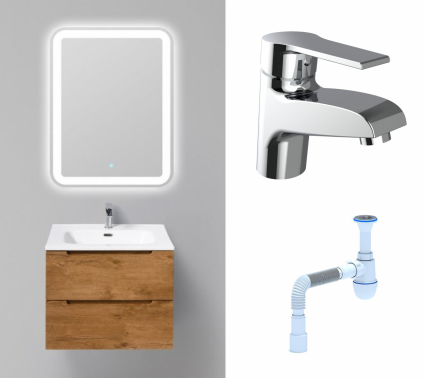 Комплект: Мебель для ванной BelBagno Etna 60 rovere nature + Смеситель Agger Right A2902100 хром + Сифон АниПласт
