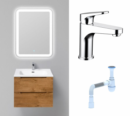 Комплект: Мебель для ванной BelBagno Etna 60 rovere nature + Смеситель Bravat Eler F1191238CP-RUS хром + Сифон АниПласт