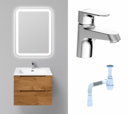 Комплект: Мебель для ванной BelBagno Etna 60 rovere nature + Смеситель Bravat Alfa F1120178CP хром + Сифон АниПласт
