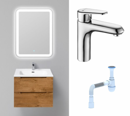 Комплект: Мебель для ванной BelBagno Etna 60 rovere nature + Смеситель Lemark Point LM0306C хром + Сифон АниПласт