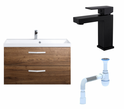 Комплект: Тумба с раковиной BelBagno Aurora 90 rovere tabacco + Смеситель Haiba HB10803-7 черный + Сифон АниПласт
