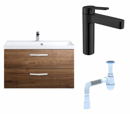 Комплект: Тумба с раковиной BelBagno Aurora 90 rovere tabacco + Смеситель BelBagno Delta DEL-LVM-NERO черный + Сифон АниПласт