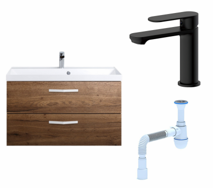Комплект: Тумба с раковиной BelBagno Aurora 90 rovere tabacco + Смеситель Haiba HB10590-7 черный + Сифон АниПласт
