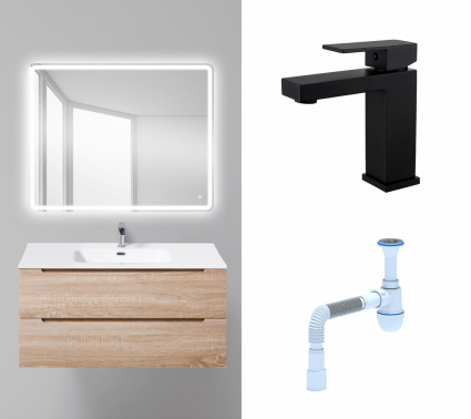 Комплект: Мебель для ванной BelBagno Etna 100 rovere bianco + Смеситель Haiba HB10803-7 черный + Сифон АниПласт