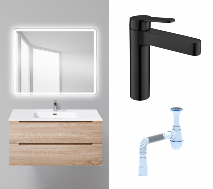 Комплект: Мебель для ванной BelBagno Etna 100 rovere bianco + Смеситель BelBagno Delta DEL-LVM-NERO черный + Сифон АниПласт