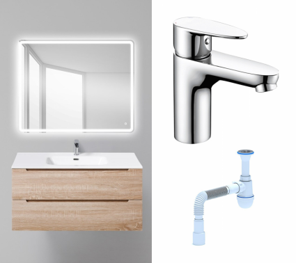 Комплект: Мебель для ванной BelBagno Etna 100 rovere bianco + Смеситель Wasserkraft Leine 3503 хром + Сифон АниПласт