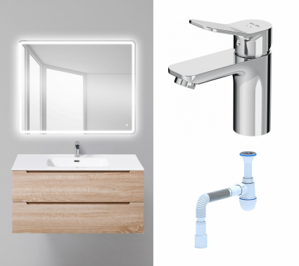 Комплект: Мебель для ванной BelBagno Etna 100 rovere bianco + Смеситель Am.Pm X-Joy F85A02100 хром + Сифон АниПласт
