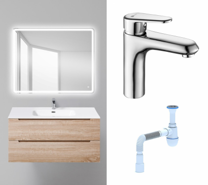 Комплект: Мебель для ванной BelBagno Etna 100 rovere bianco + Смеситель Lemark Point LM0306C хром + Сифон АниПласт