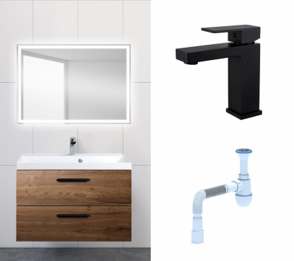 Комплект: Мебель для ванной BelBagno Aurora 80 rovere tabacco + Смеситель Haiba HB10803-7 черный + Сифон АниПласт