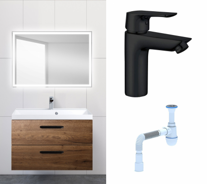 Комплект: Мебель для ванной BelBagno Aurora 80 rovere tabacco + Смеситель Aquanet Static AF330-10B черный + Сифон АниПласт