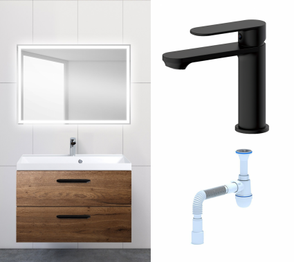 Комплект: Мебель для ванной BelBagno Aurora 80 rovere tabacco + Смеситель Haiba HB10590-7 черный + Сифон АниПласт
