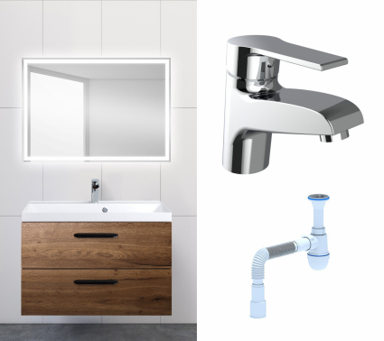 Комплект: Мебель для ванной BelBagno Aurora 80 rovere tabacco + Смеситель Agger Right A2902100 хром + Сифон АниПласт