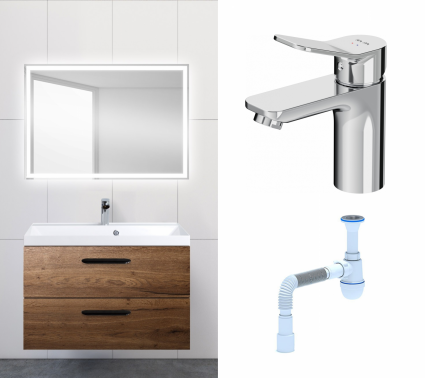 Комплект: Мебель для ванной BelBagno Aurora 80 rovere tabacco + Смеситель Am.Pm X-Joy F85A02100 хром + Сифон АниПласт