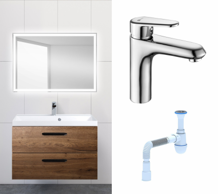 Комплект: Мебель для ванной BelBagno Aurora 80 rovere tabacco + Смеситель Lemark Point LM0306C хром + Сифон АниПласт