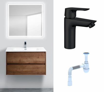 Комплект: Мебель для ванной BelBagno Kraft 90 rovere tabacco + Смеситель Aquanet Static AF330-10B черный + Сифон АниПласт