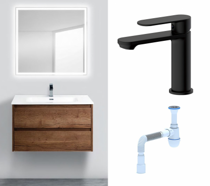 Комплект: Мебель для ванной BelBagno Kraft 90 rovere tabacco +  Смеситель Haiba HB10590-7 черный + Сифон АниПласт