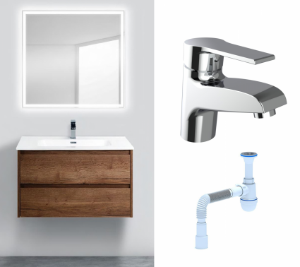 Комплект: Мебель для ванной BelBagno Kraft 90 rovere tabacco + Смеситель Agger Right A2902100 хром + Сифон АниПласт