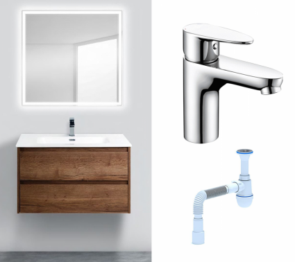 Комплект: Мебель для ванной BelBagno Kraft 90 rovere tabacco + Смеситель Wasserkraft Leine 3503 хром + Сифон АниПласт