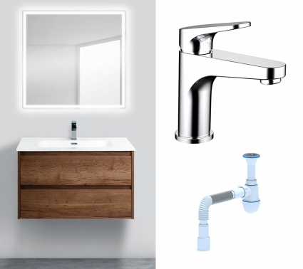 Комплект: Мебель для ванной BelBagno Kraft 90 rovere tabacco + Смеситель Bravat Eler F1191238CP-RUS хром + Сифон АниПласт
