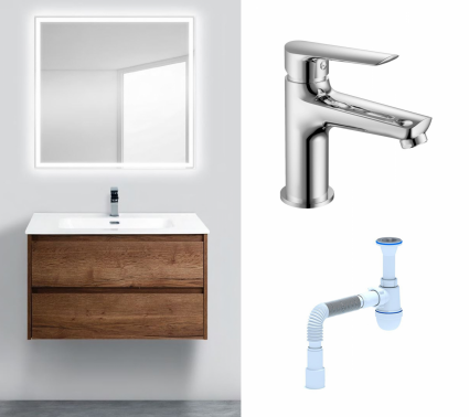 Комплект: Мебель для ванной BelBagno Kraft 90 rovere tabacco + Смеситель Haiba HB10198 хром + Сифон АниПласт